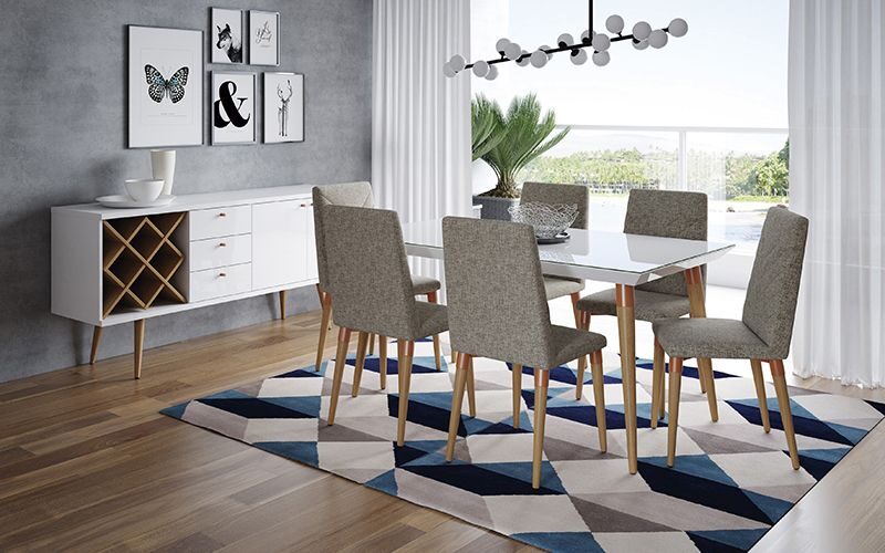 7-piece 62.99 dining set with 6 dining chairs in white gloss and gray by Manhattan Comfort