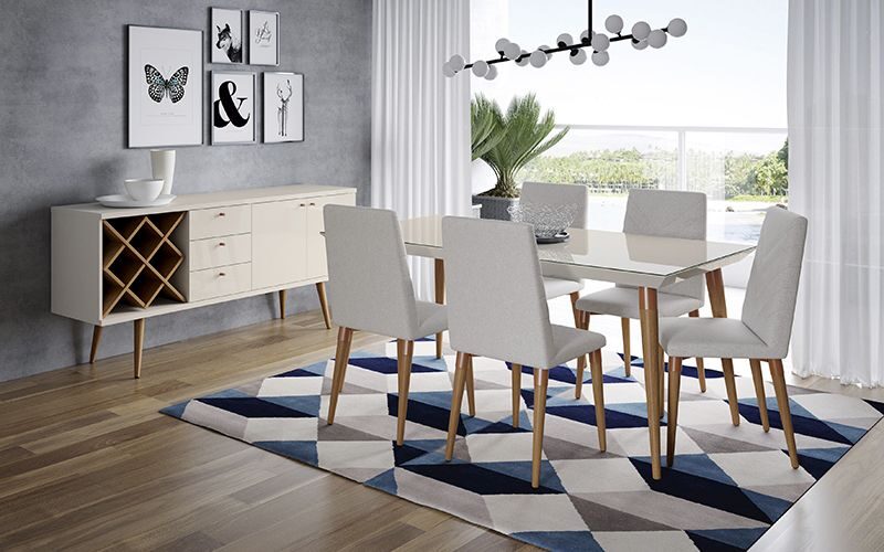 7-piece 62.99 dining set with 6 dining chairs in off white and beige by Manhattan Comfort