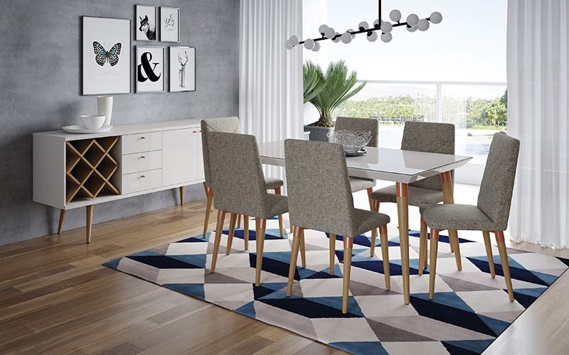 7-piece 62.99 dining set with 6 dining chairs in off white and gray by Manhattan Comfort
