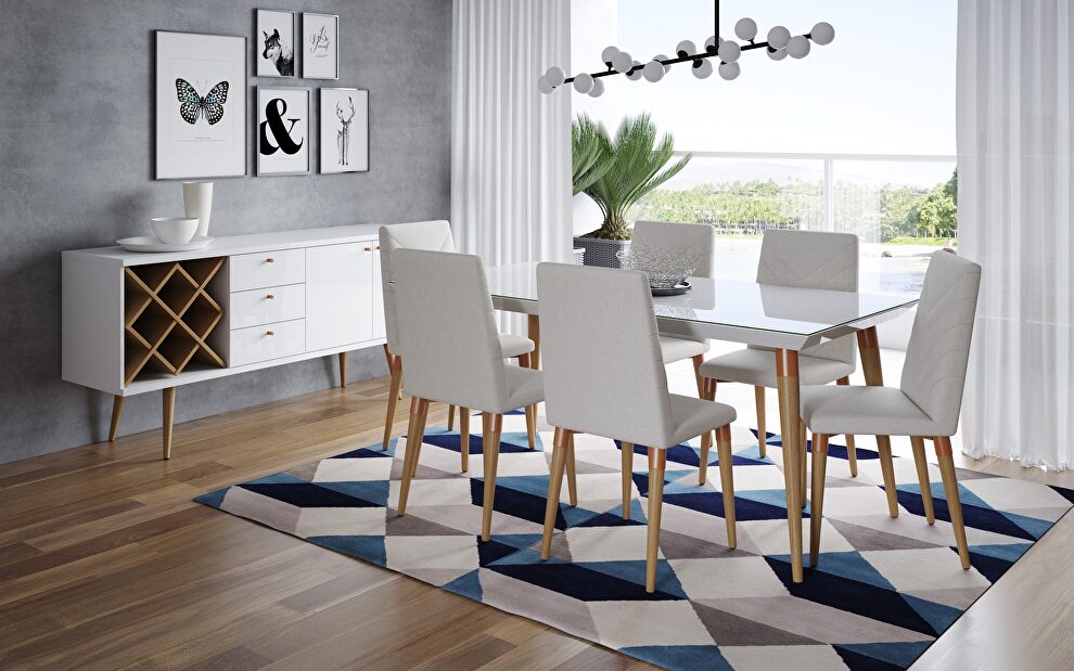 7- piece utopia rectangle dining table and chairs in white gloss and beige by Manhattan Comfort