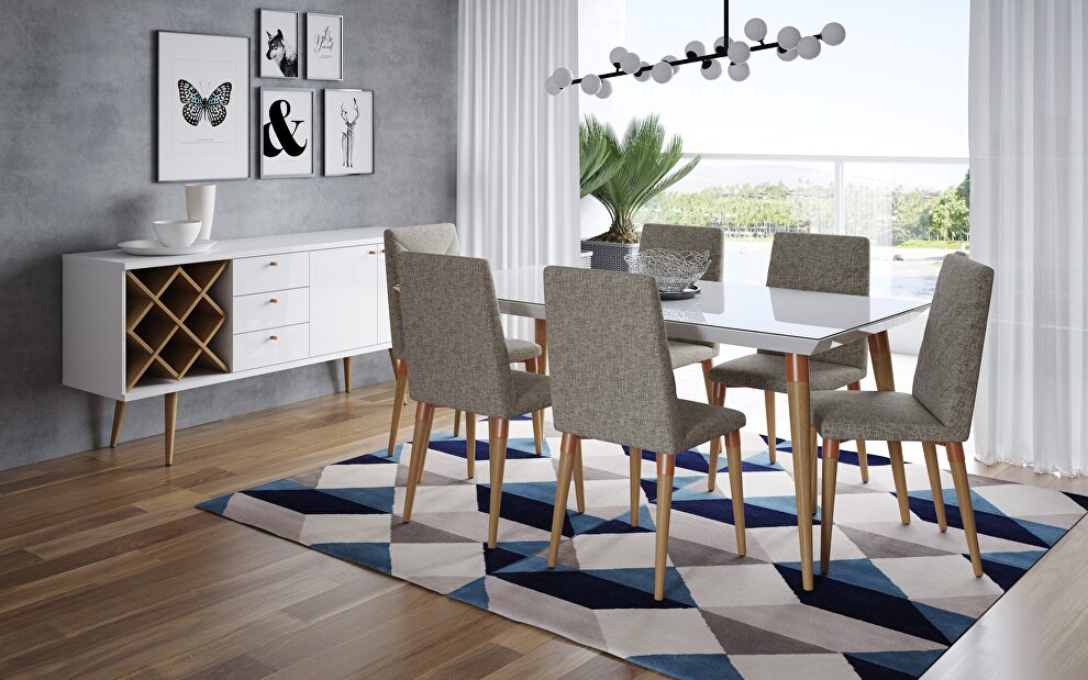 7- piece utopia rectangle dining table and chairs in white gloss and gray by Manhattan Comfort