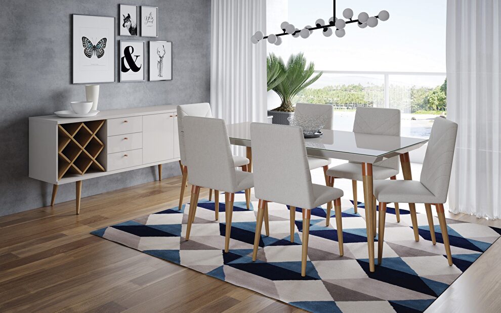 7- piece utopia rectangle dining table and chairs in off white and beige by Manhattan Comfort