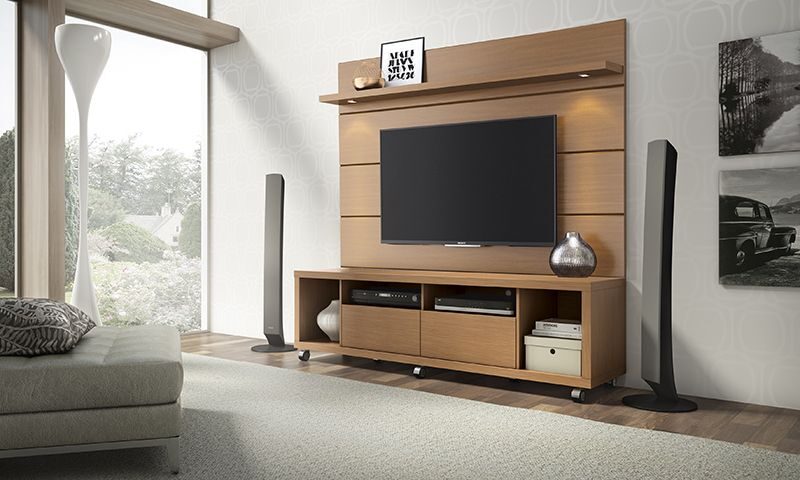 Tv stand and floating wall TV panel with led lights 1.8 in maple cream and off white by Manhattan Comfort