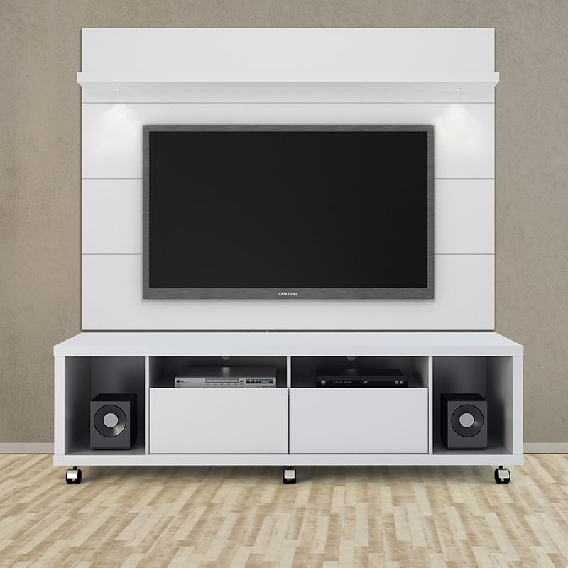 Tv stand and floating wall TV panel with led lights 1.8 in white gloss by Manhattan Comfort