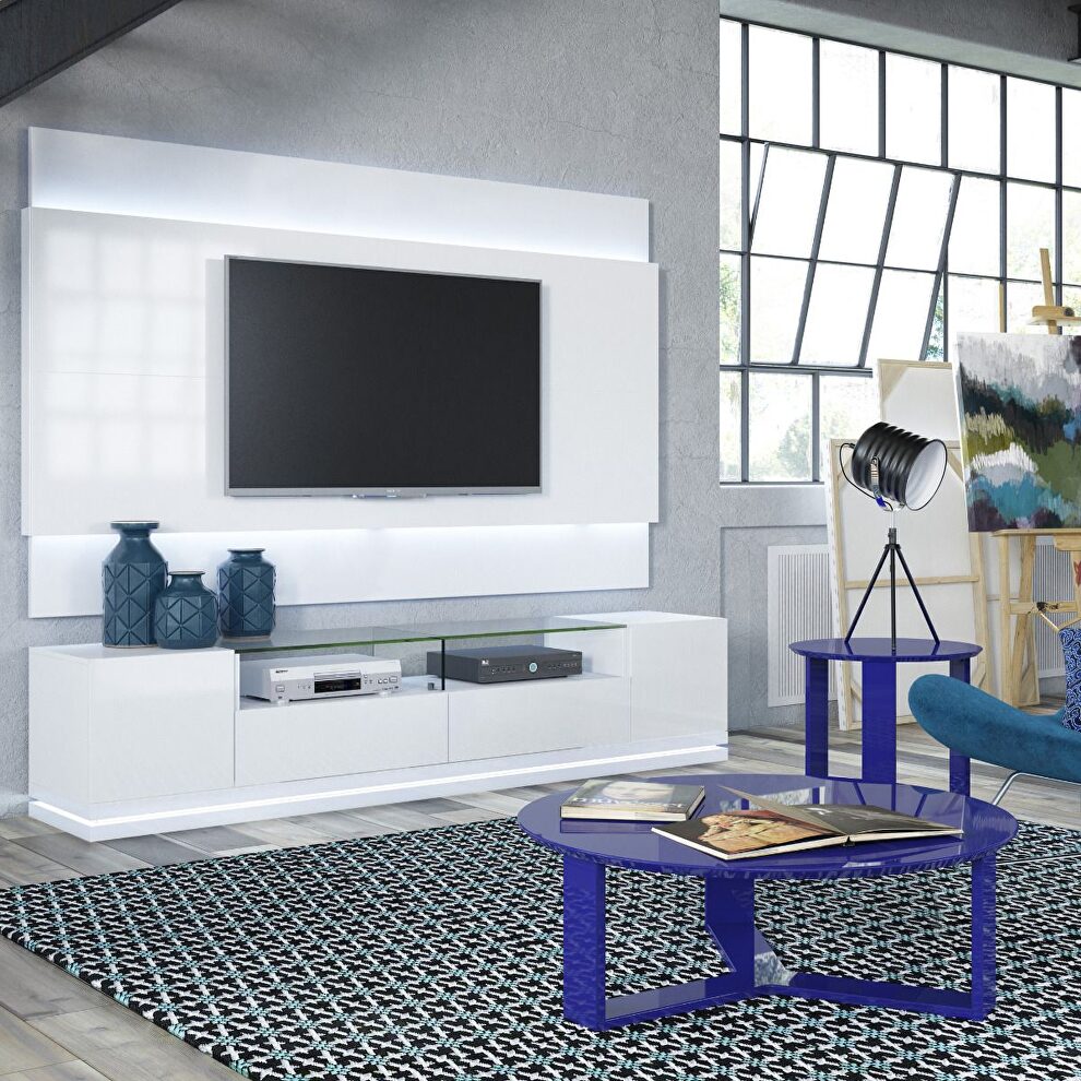 Vanderbilt TV stand and cabrini 2.2 floating wall tv panel with led lights in white gloss by Manhattan Comfort