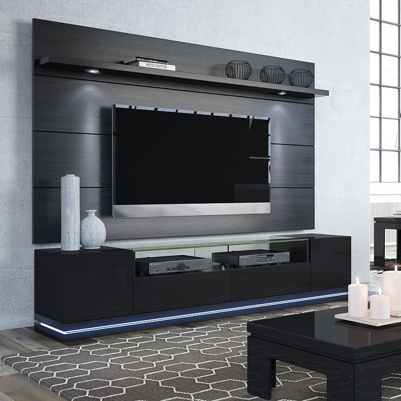 Vanderbilt TV stand and cabrini 2.2 floating wall tv panel with led lights in black gloss and black matte by Manhattan Comfort
