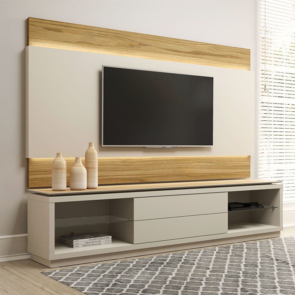 Lincoln TV stand and panel with led lights in off white and cinnamon by Manhattan Comfort