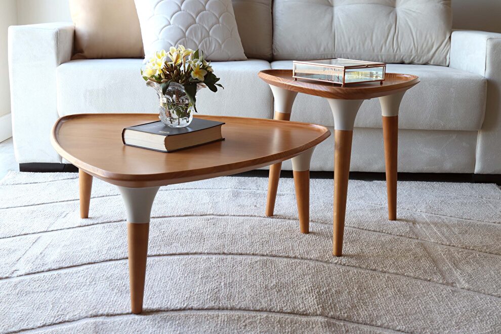 2-piece triangle coffee and end table in cinnamon and off white by Manhattan Comfort