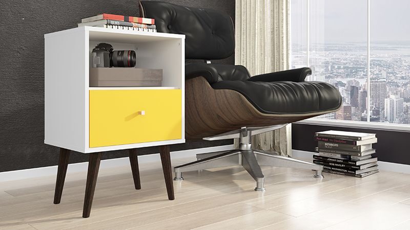 Liberty mid-century - modern nightstand 1.0 with 1 cubby space and 1 drawer in white and yellow with solid wood legs by Manhattan Comfort