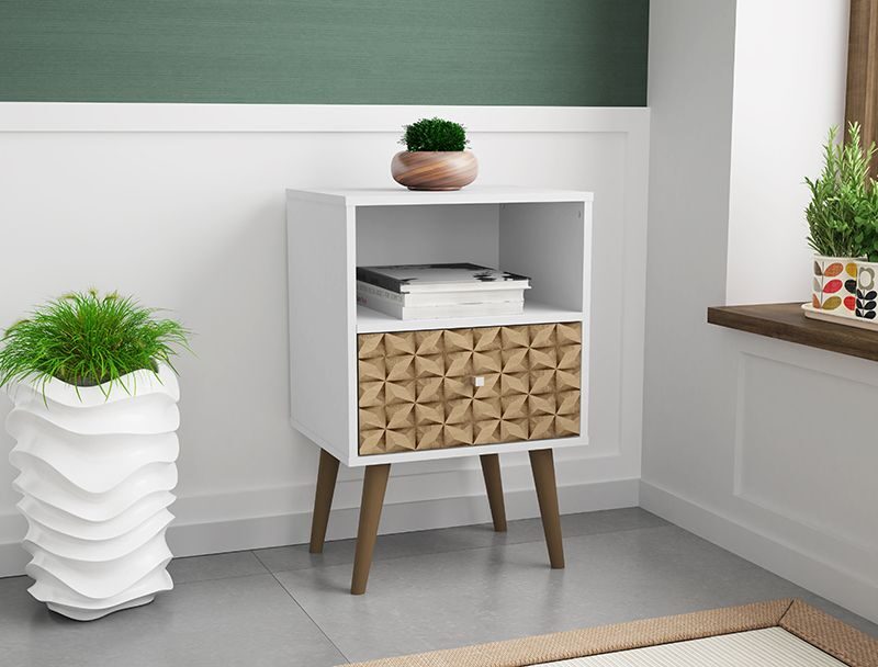 Liberty mid-century - modern nightstand 1.0 with 1 cubby space and 1 drawer in white and 3d brown prints by Manhattan Comfort