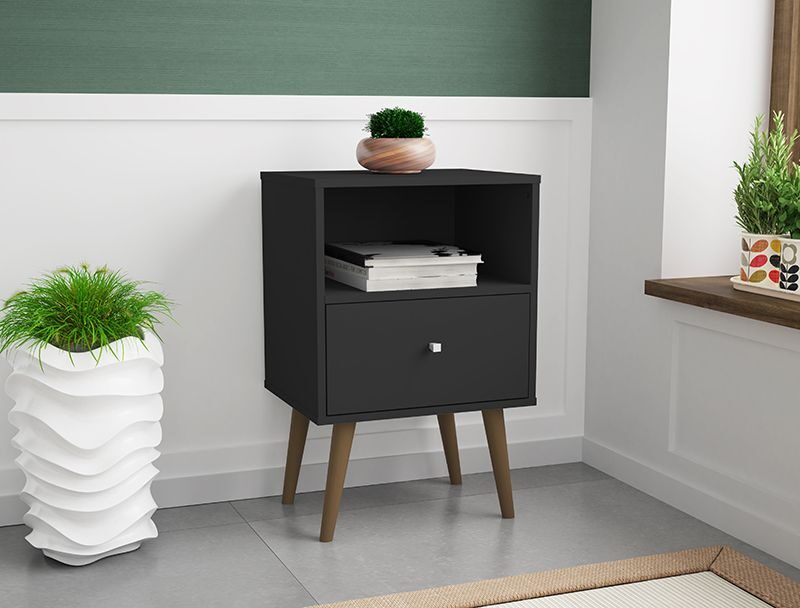 Liberty mid-century - modern nightstand 1.0 with 1 cubby space and 1 drawer in black by Manhattan Comfort