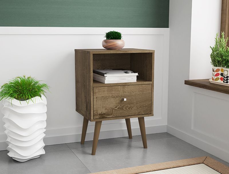Liberty mid-century - modern nightstand 1.0 with 1 cubby space and 1 drawer in rustic brown by Manhattan Comfort