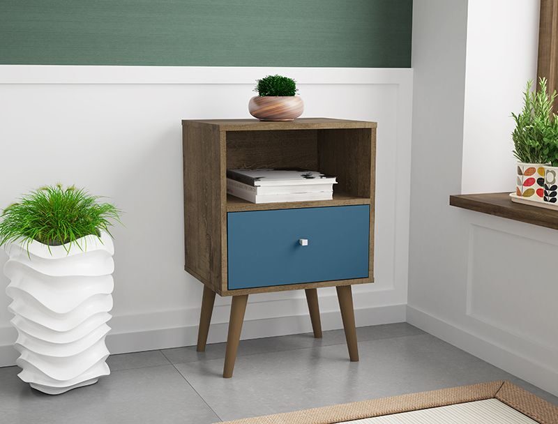 Liberty mid-century - modern nightstand 1.0 with 1 cubby space and 1 drawer in rustic brown and aqua blue by Manhattan Comfort