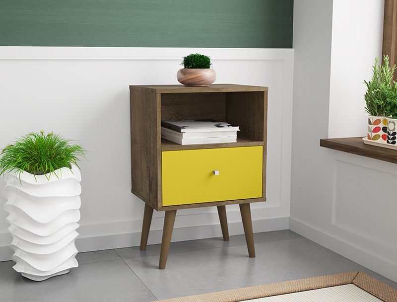 Liberty mid-century - modern nightstand 1.0 with 1 cubby space and 1 drawer in rustic brown and yellow by Manhattan Comfort