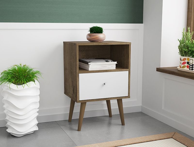 Liberty mid-century - modern nightstand 1.0 with 1 cubby space and 1 drawer in rustic brown and white by Manhattan Comfort