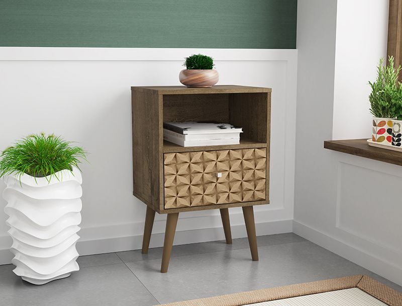Liberty mid-century - modern nightstand 1.0 with 1 cubby space and 1 drawer in rustic brown and 3d brown prints by Manhattan Comfort