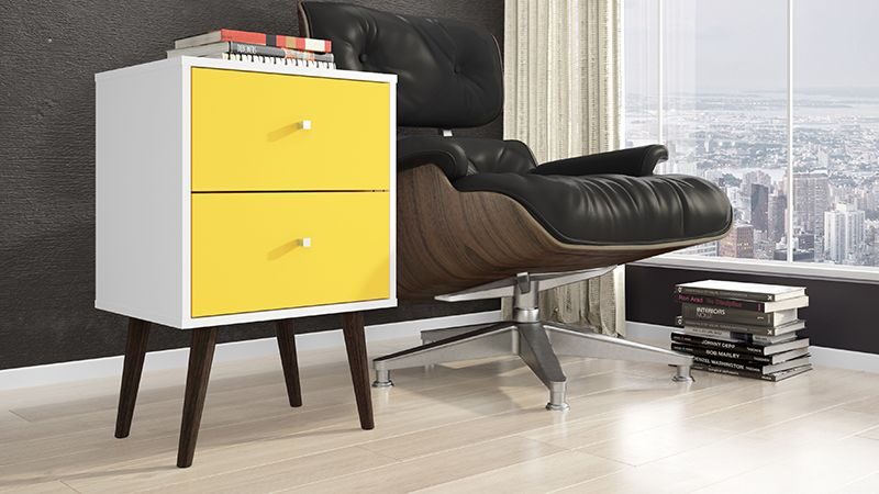 Liberty mid-century - modern nightstand 2.0 with 2 full extension drawers in white and yellow with solid wood legs by Manhattan Comfort