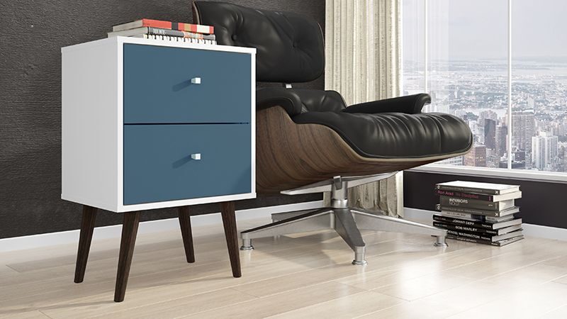 Liberty mid-century - modern nightstand 2.0 with 2 full extension drawers in white and aqua blue with solid wood legs by Manhattan Comfort