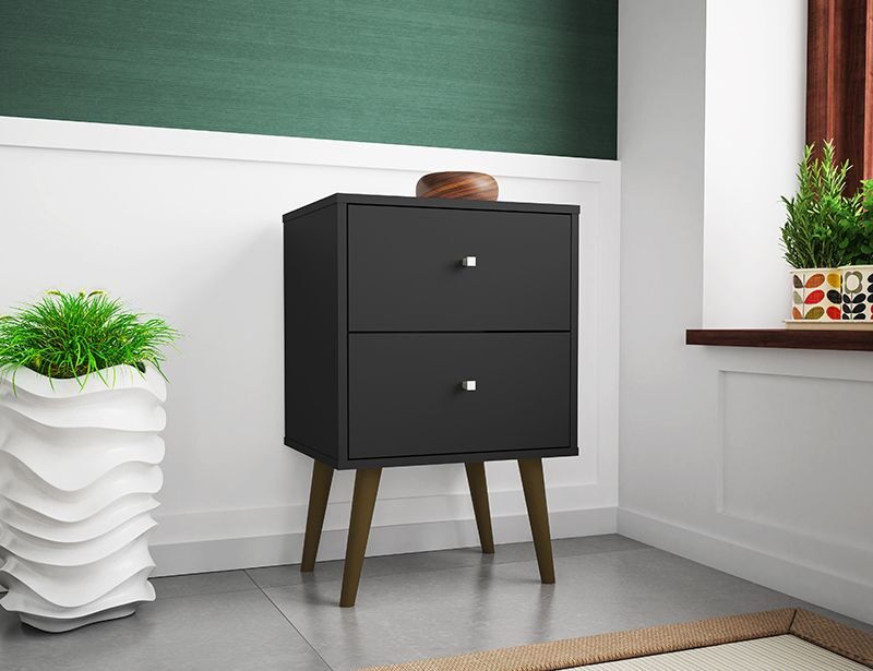 Liberty mid-century - modern nightstand 2.0 with 2 full extension drawers in black by Manhattan Comfort