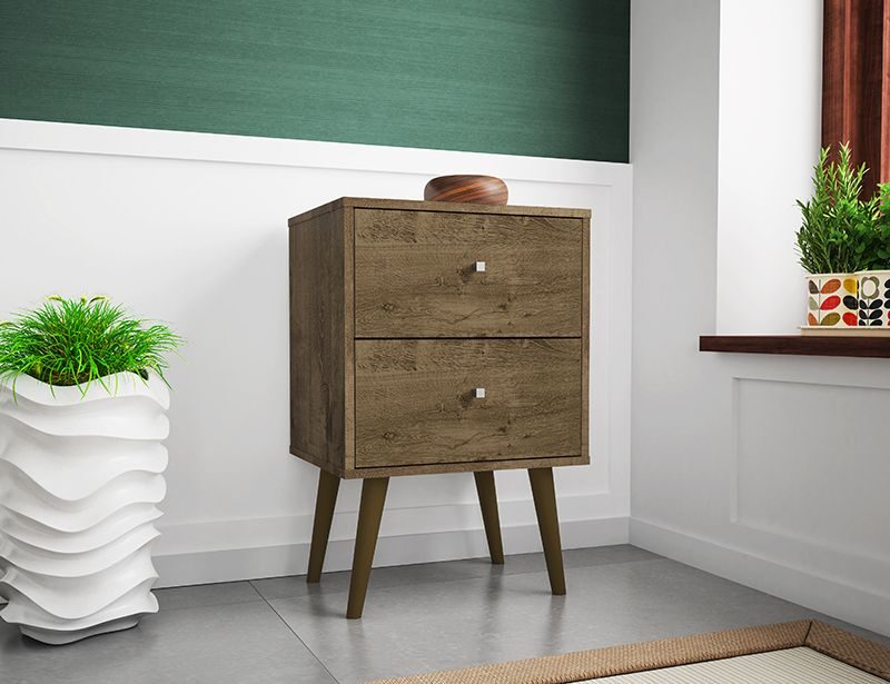 Liberty mid-century - modern nightstand 2.0 with 2 full extension drawers in rustic brown by Manhattan Comfort