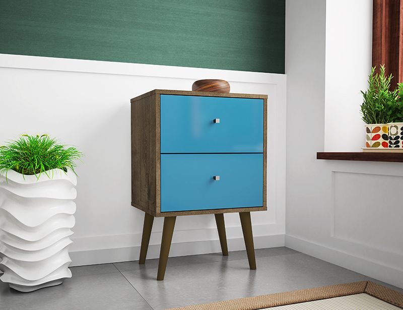 Liberty mid-century - modern nightstand 2.0 with 2 full extension drawers in rustic brown and aqua blue by Manhattan Comfort