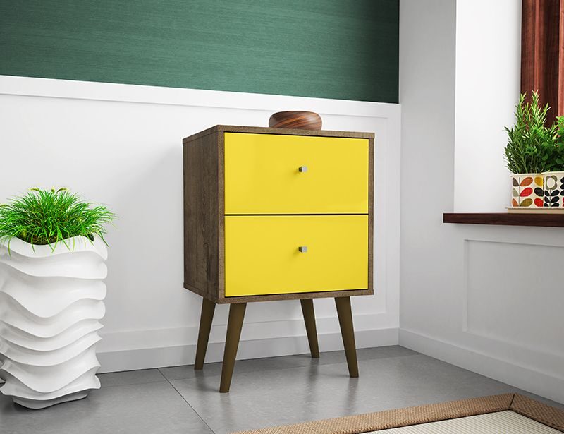 Liberty mid-century - modern nightstand 2.0 with 2 full extension drawers in rustic brown and yellow by Manhattan Comfort