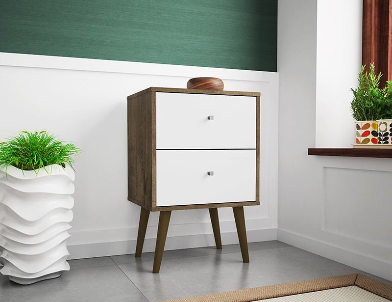 Liberty mid-century - modern nightstand 2.0 with 2 full extension drawers in rustic brown and white by Manhattan Comfort