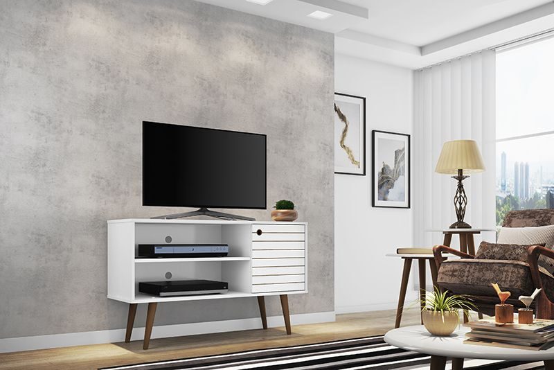 Liberty 42.52 mid-century - modern TV stand with 2 shelves and 1 door in white by Manhattan Comfort