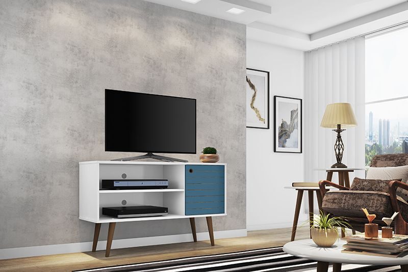 Liberty 42.52 mid-century - modern TV stand with 2 shelves and 1 door in white and aqua blue by Manhattan Comfort