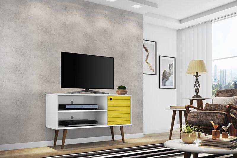 Liberty 42.52 mid-century - modern TV stand with 2 shelves and 1 door in white and yellow by Manhattan Comfort