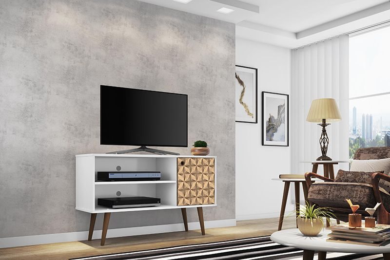 Liberty 42.52 mid-century - modern TV stand with 2 shelves and 1 door in white and 3d by Manhattan Comfort