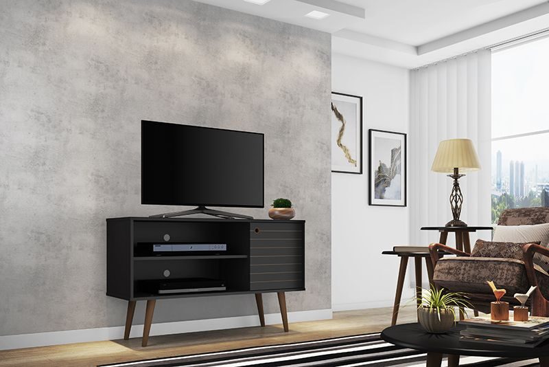 Liberty 42.52 mid-century - modern TV stand with 2 shelves and 1 door in black by Manhattan Comfort