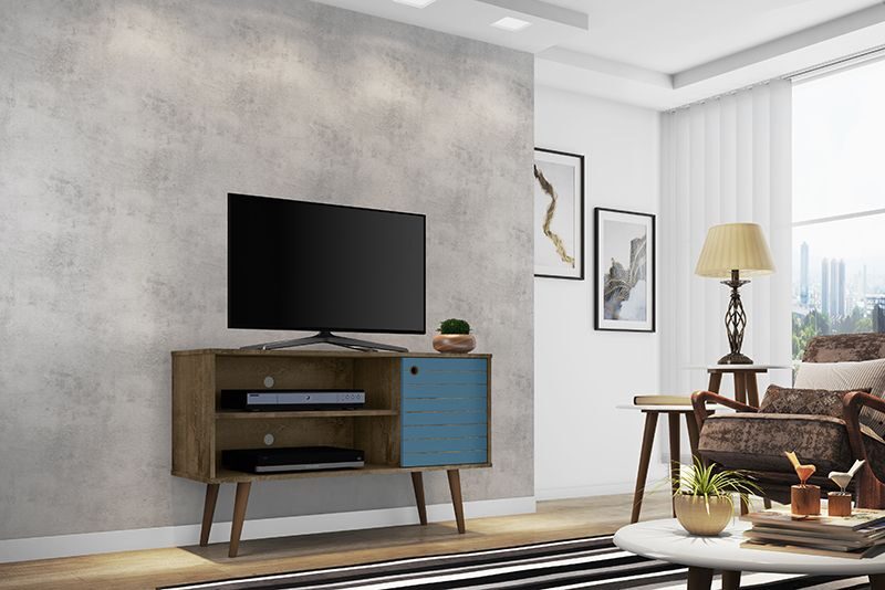 Liberty 42.52 mid-century - modern TV stand with 2 shelves and 1 door in rustic brown and aqua blue by Manhattan Comfort