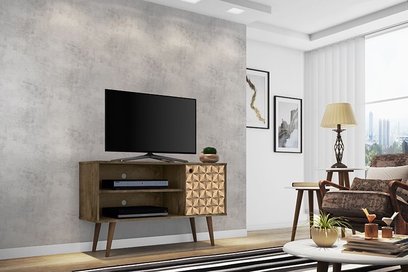 Liberty 42.52 mid-century - modern TV stand with 2 shelves and 1 door in rustic brown and 3d brown prints by Manhattan Comfort