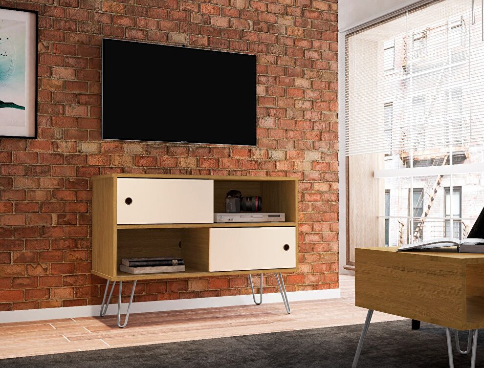 Mid-century- modern 35.43 TV stand with 4 shelves in cinnamon and off white by Manhattan Comfort