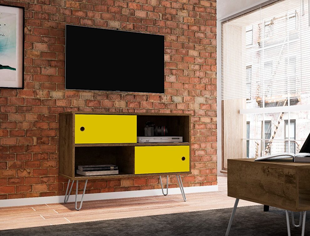 Mid-century- modern 35.43 TV stand with 4 shelves in rustic brown and yellow by Manhattan Comfort