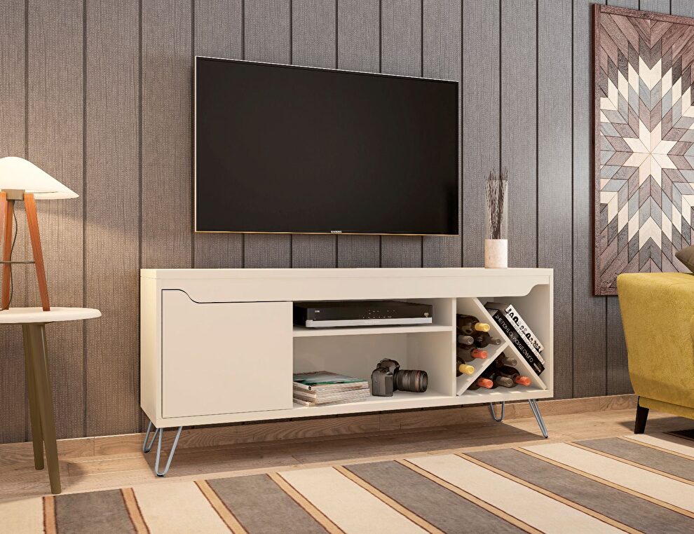Mid-century- modern 53.54 TV stand with wine rack in off white by Manhattan Comfort