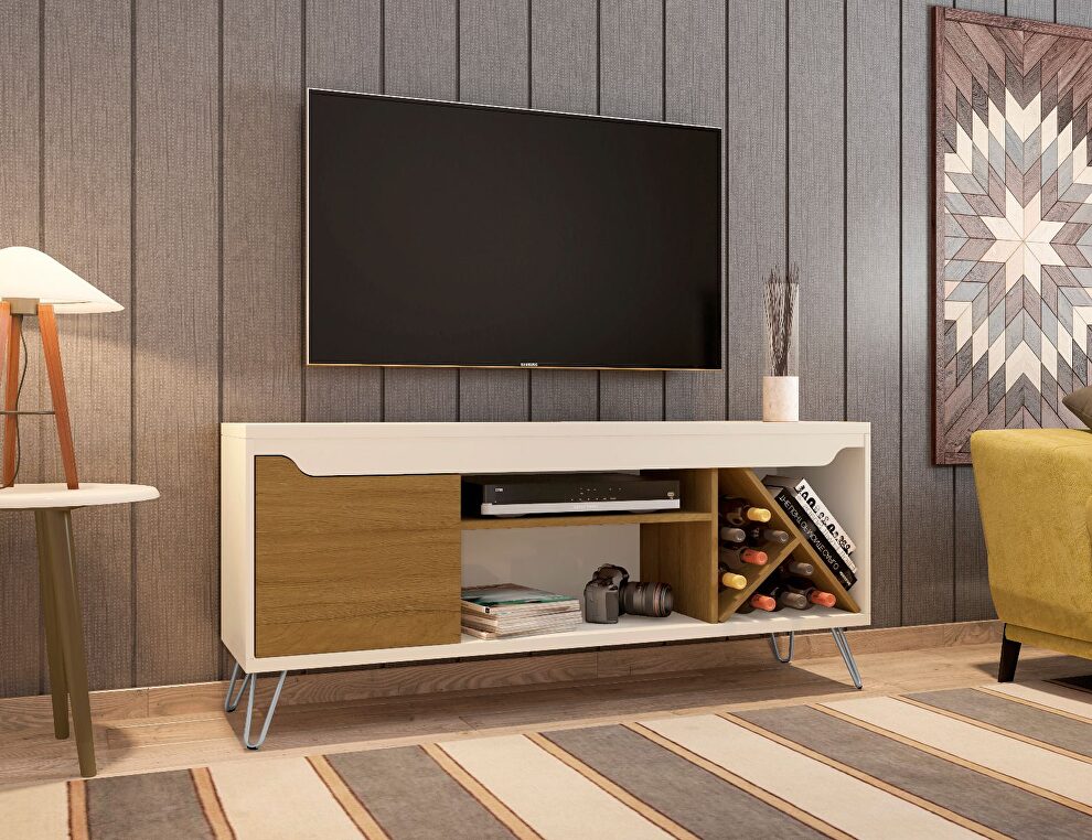 Mid-century- modern 53.54 TV stand with wine rack in off white and cinnamon by Manhattan Comfort