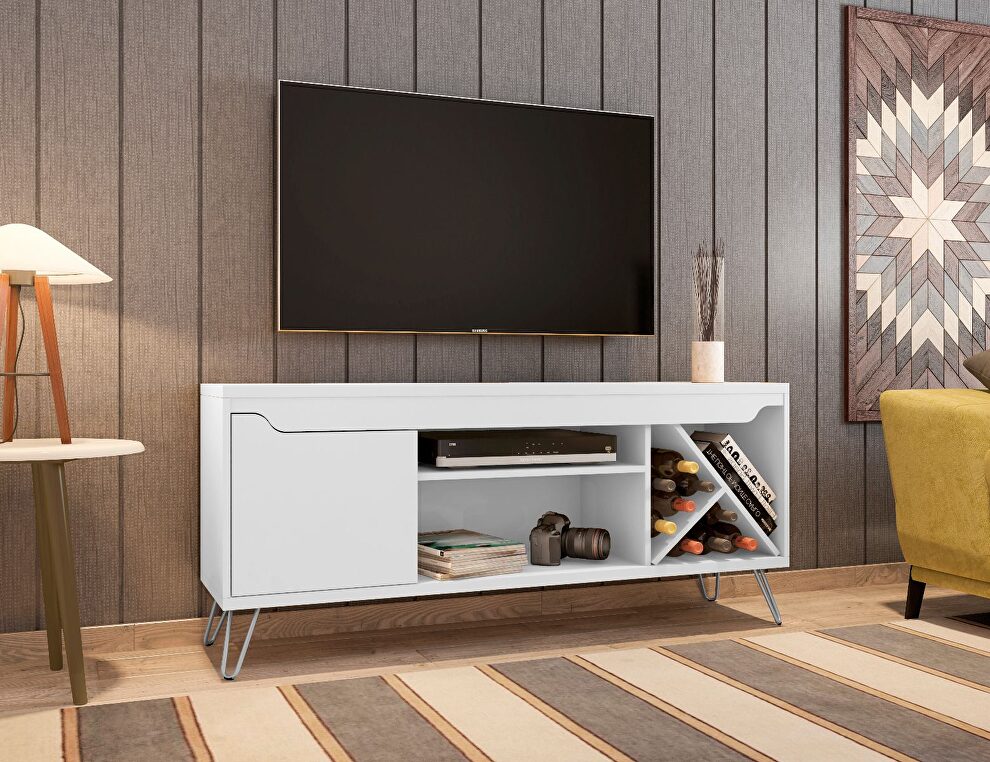 Mid-century- modern 53.54 TV stand with wine rack in white by Manhattan Comfort