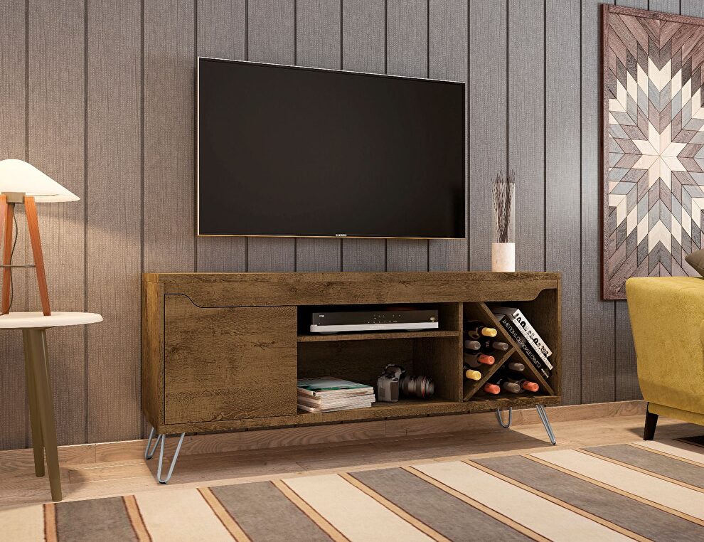 Mid-century- modern 53.54 TV stand with wine rack in rustic brown by Manhattan Comfort