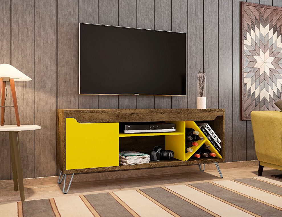 Mid-century- modern 53.54 TV stand with wine rack in rustic brown and yellow by Manhattan Comfort