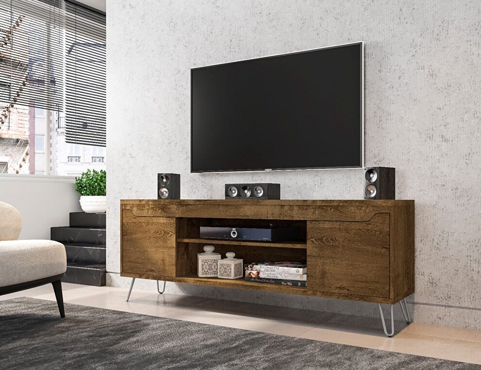 Mid-century - modern 62.99 TV stand with 4 shelves in rustic brown by Manhattan Comfort