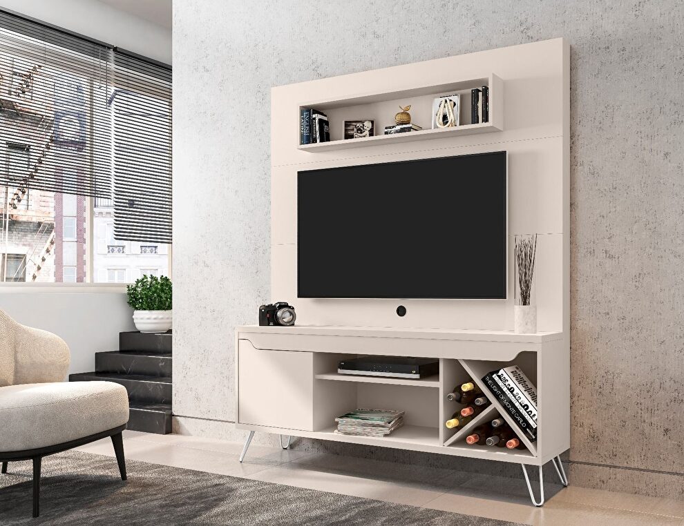 53.54 mid-century modern freestanding entertainment center with media shelves and wine rack in off white by Manhattan Comfort