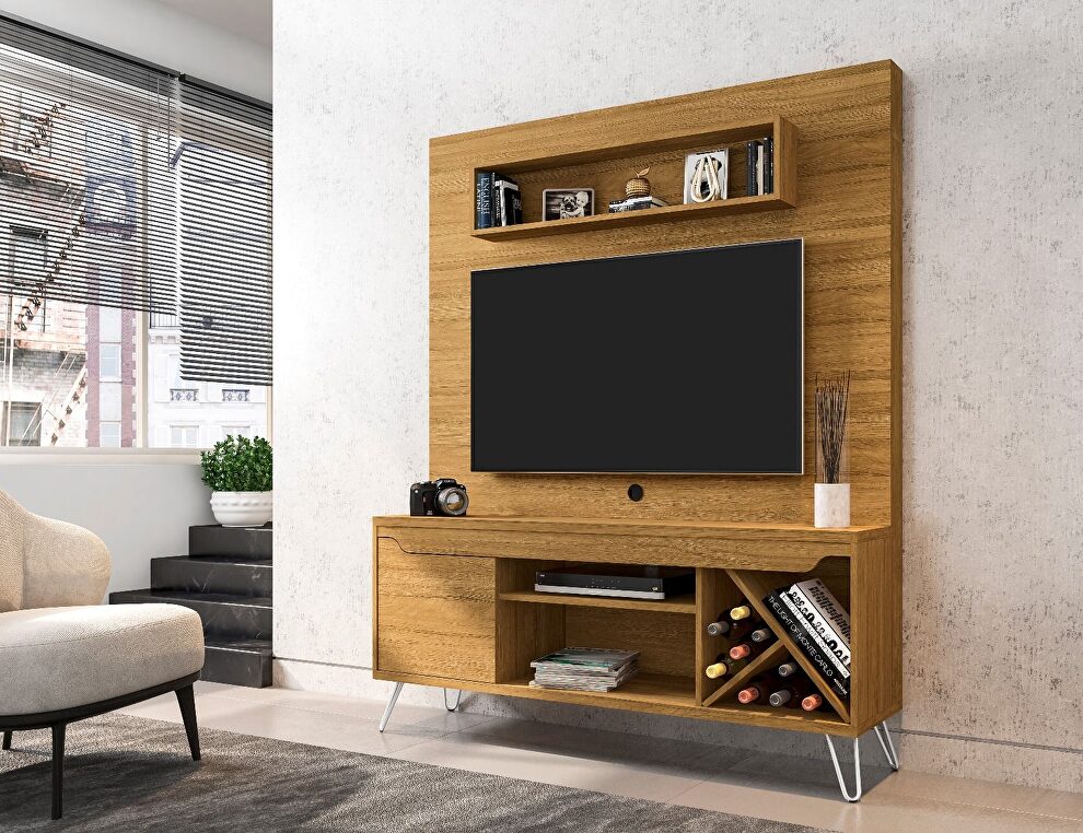 53.54 mid-century modern freestanding entertainment center with media shelves and wine rack in cinnamon by Manhattan Comfort