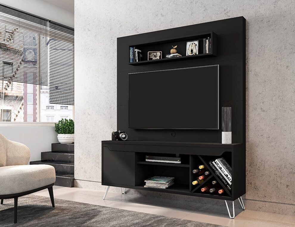 53.54 mid-century modern freestanding entertainment center with media shelves and wine rack in black by Manhattan Comfort