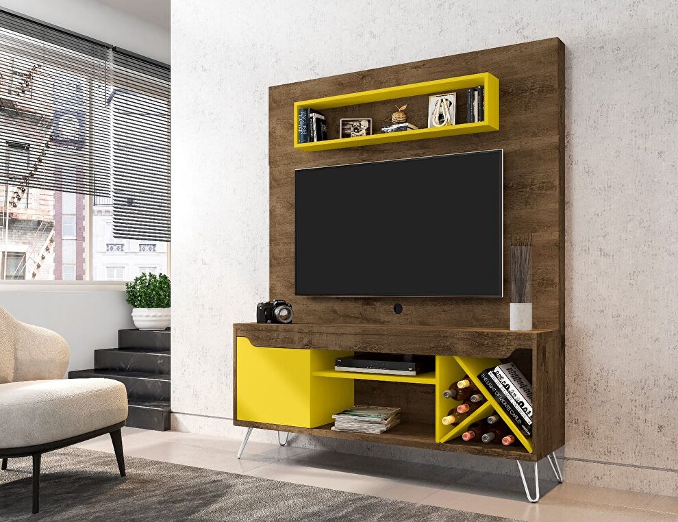53.54 mid-century modern freestanding entertainment center with media shelves and wine rack in rustic brown and yellow by Manhattan Comfort