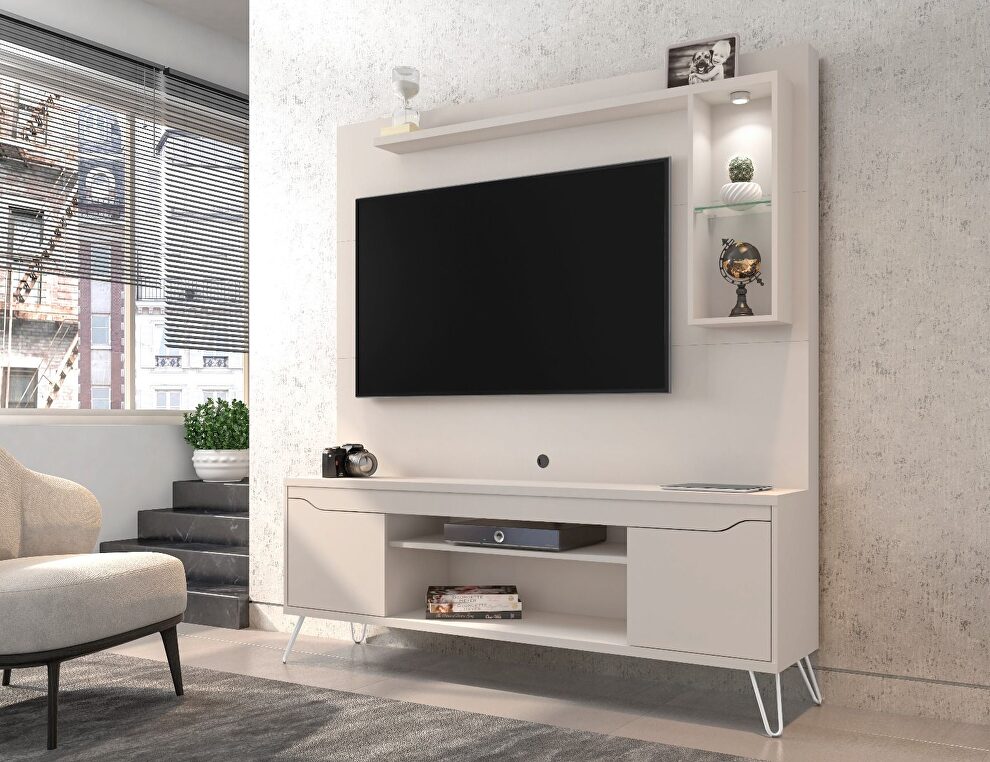 62.99 freestanding mid-century modern entertainment center with led lights and decor shelves in off white by Manhattan Comfort