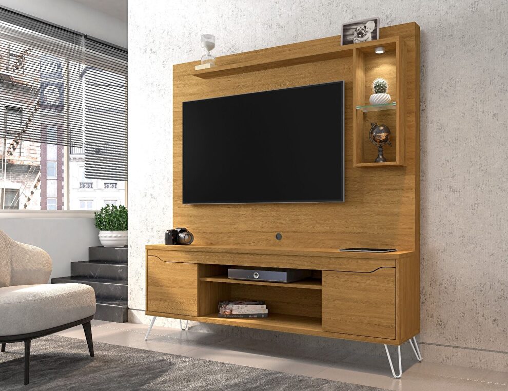 62.99 freestanding mid-century modern entertainment center with led lights and decor shelves in cinnamon by Manhattan Comfort