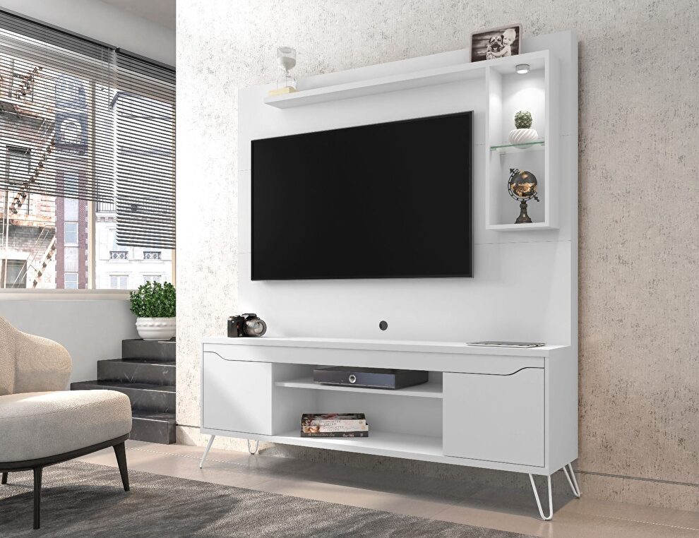 62.99 freestanding mid-century modern entertainment center with led lights and decor shelves in white by Manhattan Comfort