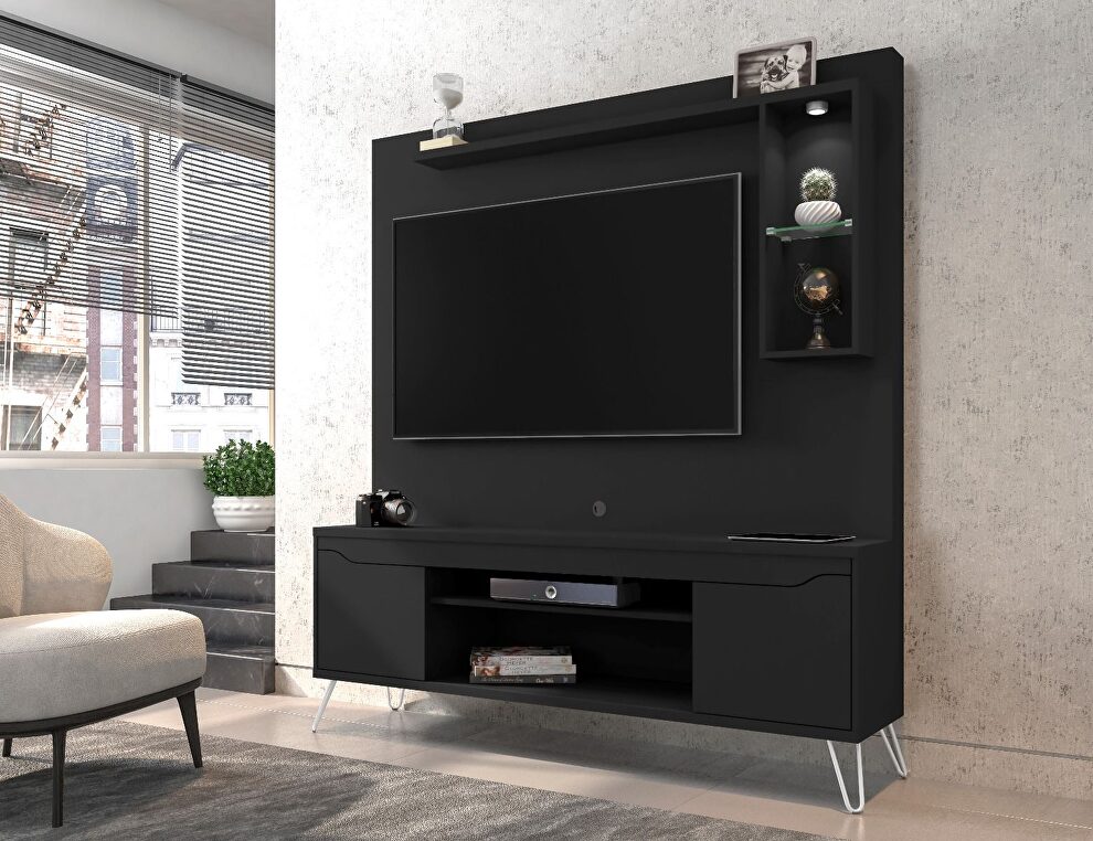 62.99 freestanding mid-century modern entertainment center with led lights and decor shelves in black by Manhattan Comfort
